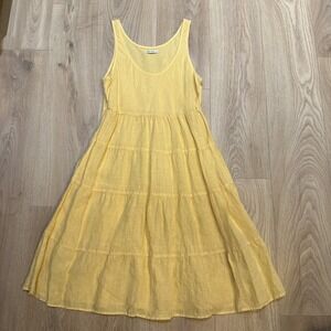 Allenโ Allen Butter Yellow Linen Dress Size M Sleeveless SZ M Tiered Midi Length